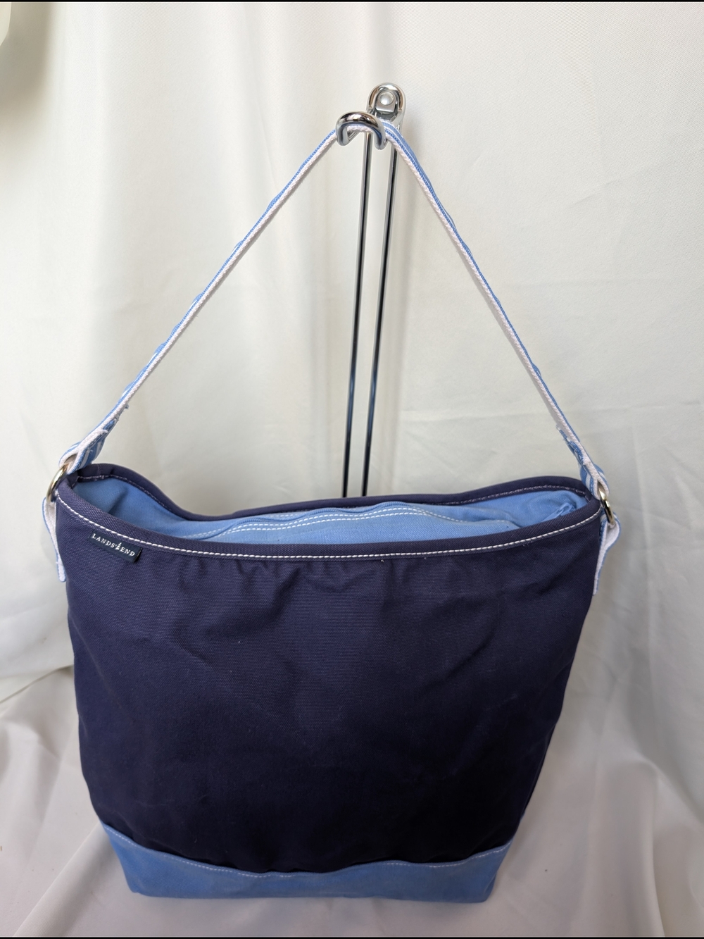 Vintage Lands End Canvas Shoulder Tote Bag Navy Blue Colorblock Nautical